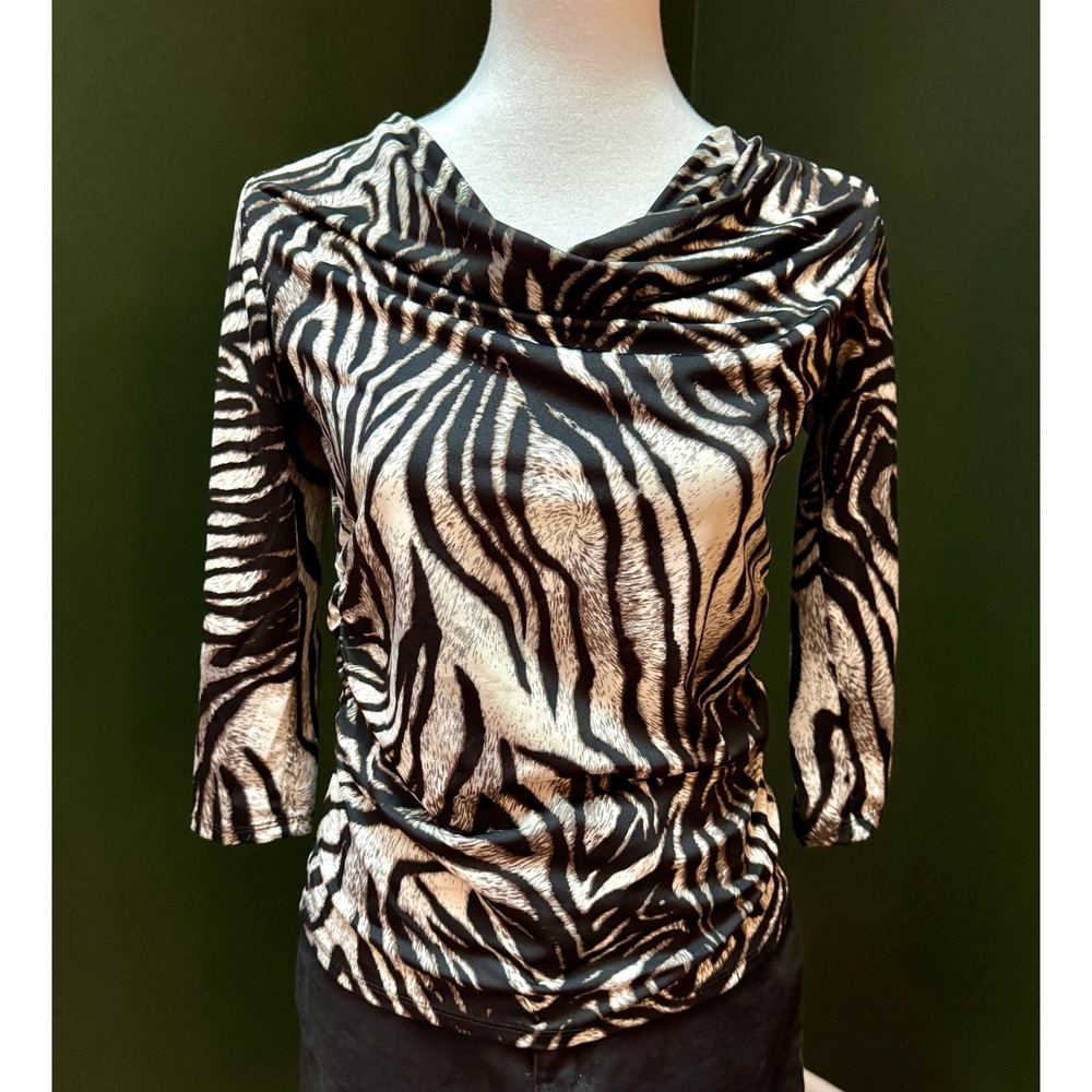 Strazzi Zebra Print Cowl‎ Neck 3/4 Sleeve Top Women's S Made in the USA